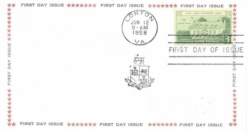 1958 FDC, #1108, 3c Gunston Hall, unlisted