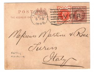 GB EARLY MACHINE CANCEL *Crown* QV Postal Stationery Card London Italy 1899 PE3 