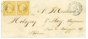 P2863 - FRANCE YVERT 13 A B YELLOW LEMON IN PAIR 1857, ON FOLDED LETTER.-