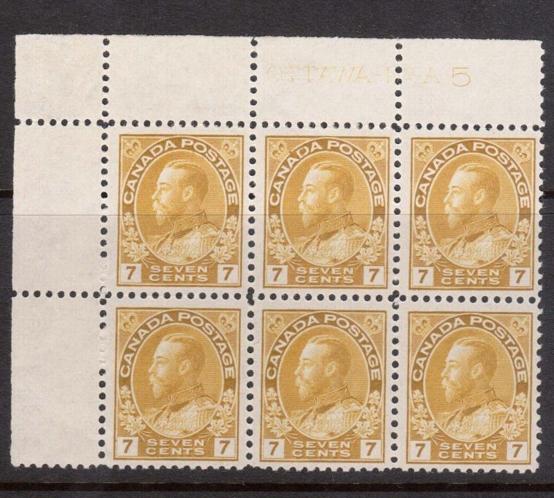 Canada #113 VF/NH Plate #A5 UL Margin Block Of Six **With Certificate**