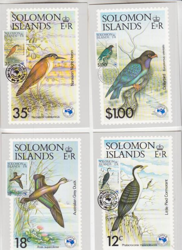 SOLOMON ISLANDS, 1984 Ausipex Birds set of 4 on separate Maximum Cards.