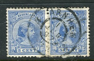 NETHERLANDS; 1890s classic Wilhelmina issue fine used 5c. Postmark Pair