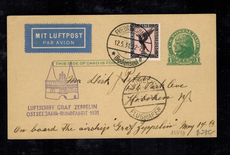 1931 Germany Graf Zeppelin Postcard Cover to USA Baltic Sea Flight LZ 127