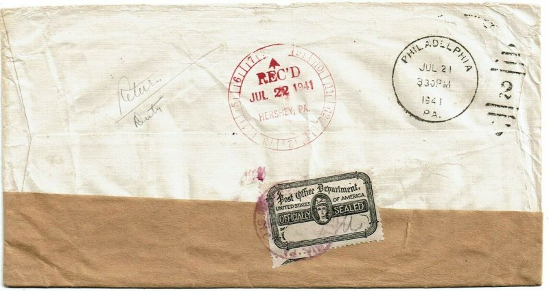 Curacao 1941 Saba cancel on cover to U.S., censored, Official Seal OX21