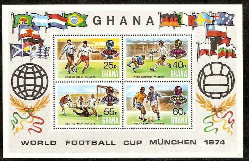 GHANA 1974 WORLD CUP FOOTBALL, PLAYERS, TROPHY, FLAGS  MNH S/s # 7896