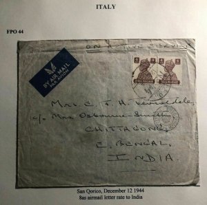 1944 San Qorico Italy Indian Base FPO 44 Censored Airmail Cover To Chittagong