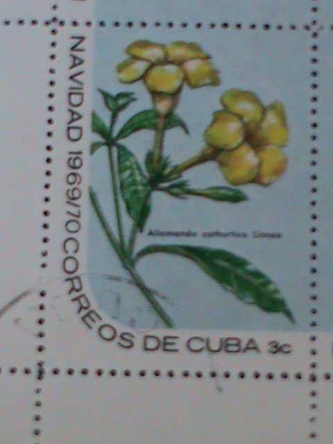 ​CUBA-1969-SC#1473a CHRISTMAS-LOVELY WILD FLOWERS IMPRINT BLOCK FANCY CANCEL VF