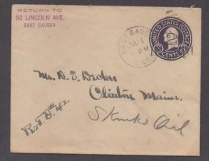 **US Postal Stationery Cover, East Saugus, MA, 7/1 CDS, Revalued +2, DPO3