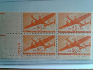 SCOTT # C 31 50 CENT DESIRABLE AIR MAIL PLATE BLOCK MINT NEVER HINGED SCV $ 50