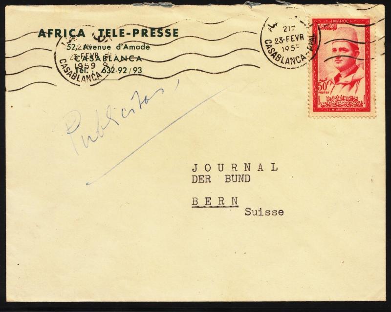 1959 MOROCCO COVER AFRICA TELE PRESSE  W/ CLEAR  POSTMARK 50F, KING MOHAMED V