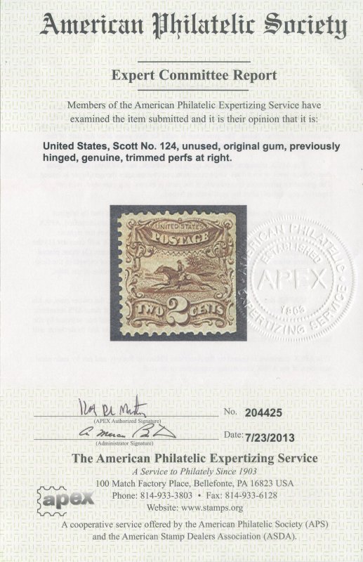 US Scott #124 Mint, FVF, Hinged, APS