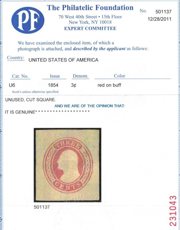 USA #U6 Extra Fine Mint Die 3 Cut Square 32mm x 35mm **With Certificate**