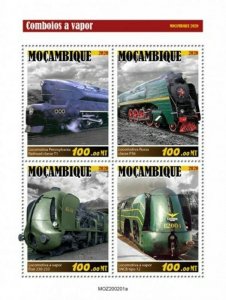 Mozambique - 2020 Steam Locomotives - 4 Stamp Sheet - MOZ200201a 