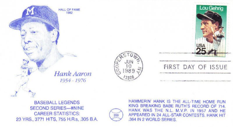 DBC Cachet Hank Aaron HOF 1st Day #2417 Lou Gehrig Baseball 1989