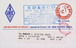 ISLA SA CONILLERA IBIZA BALEARIC SPAIN 1992 Amateur Radio QSL Card 15892-