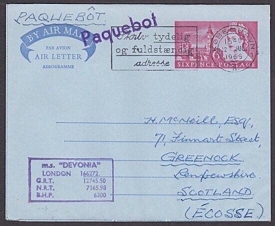 GB DENMARK 1965 6d airletter Copenhagen PAQUEBOT, MS Devonia ship cachet...A1465