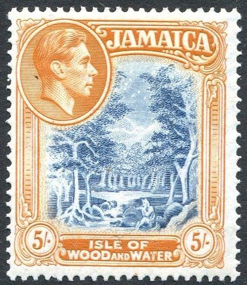 JAMAICA-1938 5/- Slate-Blue & Yellow-Orange Sg 132 LIGHTLY MOUNTED MINT V24398