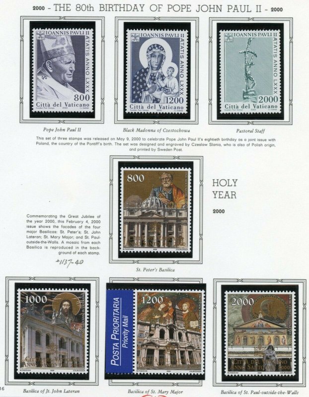 VATICAN CITY 2000  COMPLETE YEAR SET STAMPS MINT NH ON WHITE ACE ALBUM PAGES