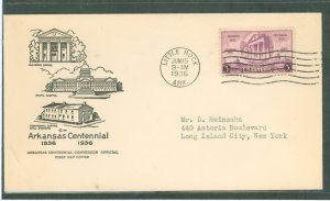 US 782 1936 3c Arkansas Statehood Centennial single on an addressed, typed, FDC with an Ark. Centennial Commission Cachet