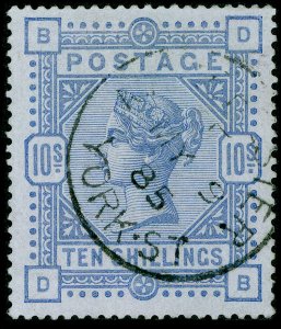 GB QV SG177a, SCARCE 10s cobalt BLUED PAPER, VFU CDS. Cat £12500. BPA CERT. DB 