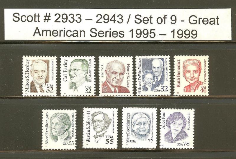 US Scott # 2933 - 2943  Great Americans 9 MNH Stamps