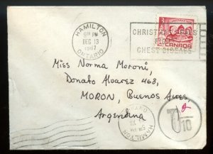 to ARGENTINA, 3c XMas stamp 1967 slogan POSTAGE DUE T2/10 Hamilton cover Canada