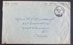 1952 CAPO 27 in Yongson Korea OAS Cover to Vancouver Canada Korean War