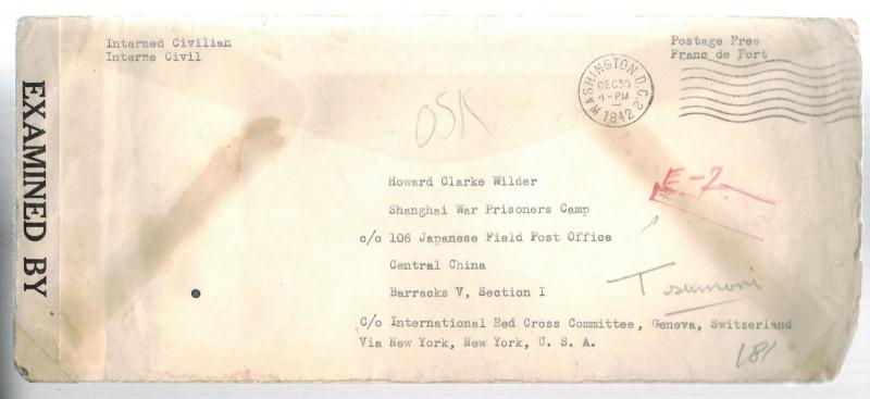 1942 USA to US Navy Prisoner of War Wake Island Japan POW in China Howard Wilder