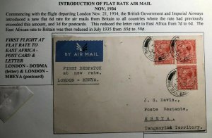 1934 London England First Flight Postcard Cover FFC To Mbeya Tanganyika