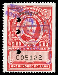 Scott R709 1957 $100.00 Dated Red Documentary Revenue Used F-VF