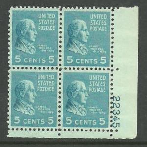 US Stamp #810 MNH James Monroe Plate Block of 4