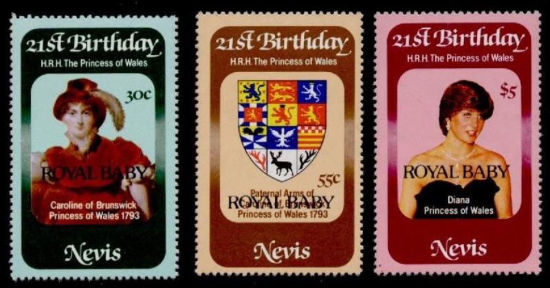 Nevis 153-5 MNH Princess Diana 21st Birthday, Crest, Royal Baby o/p