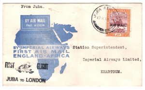 SUDAN Air Mail 1931 Cover FIRST FLIGHT JUBA-LONDON Imperial AFRICA MAP E MA1245