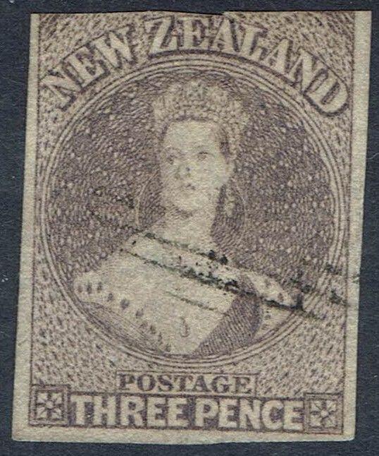 NEW ZEALAND 1862 QV CHALON 3D IMPERF WMK LARGE STAR USED 