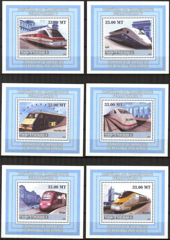 {420} Mozambique 2009 History of Trains V 6 S/S Deluxe MNH**