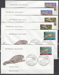 Malagasy Rep., Scott cat. 489-494. Chameleons issue on 6 First day covers. ^