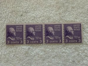 Scott 842 MNH, strip of 4 3c Thomas Jefferson Presidential Prexie Series- 1939