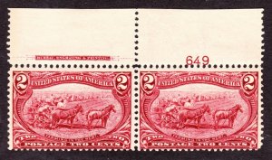 US 286 2c Trans-Mississippi Mint Plate #649 Top Pair F-VF OG NH SCV $160