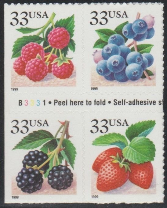 3294-97, Block of 4 W/PL# B3331, Fruit Berries MNH,  .34 cent.(tab-B)