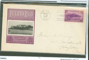 US 801 1937 3c puerto rico,  part of the possession series, on an addressed fdc with an ioor cachet