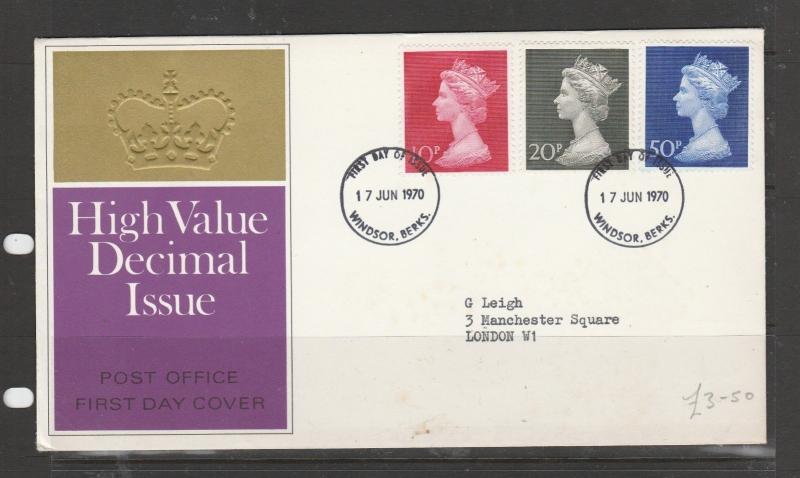 GB FDC 1970 First Decimal machin, 10p-50p, windsor FDI, Typed address