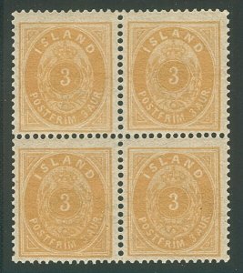 ICELAND #15, 3aur orange, p. 14 x 13 ½ , Block of 4 NH, Facit $900.00