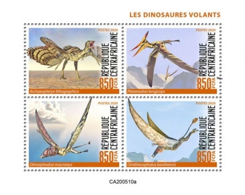 Central Africa - 2020 Flying Dinosaurs - 4 Stamp Sheet - CA200510a