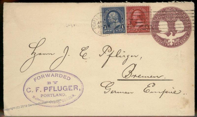 USA 1895 CF Pfluger Forwarding Agent Oregon Bremen Germany Columbian Cover 92127