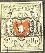 SWITZERLAND # 3--USED--BLACK & RED--SINGLE--IMPERFORATE AS ISSUED-1850