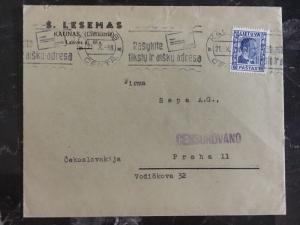 1938 Kaunas Lithuania Censored cover To Prague Sudetenland Crisis