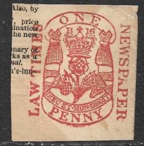 GREAT BRITAIN 1857 1d NEWSPAPER TAX STAMP Die B16 LAW TIMES Cut Square