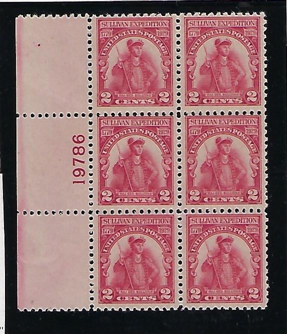 US #657  1929 SULLIVAN EXPEDITION-  PLATE# BLOCK OF 6  -MINT NEVER HIGED