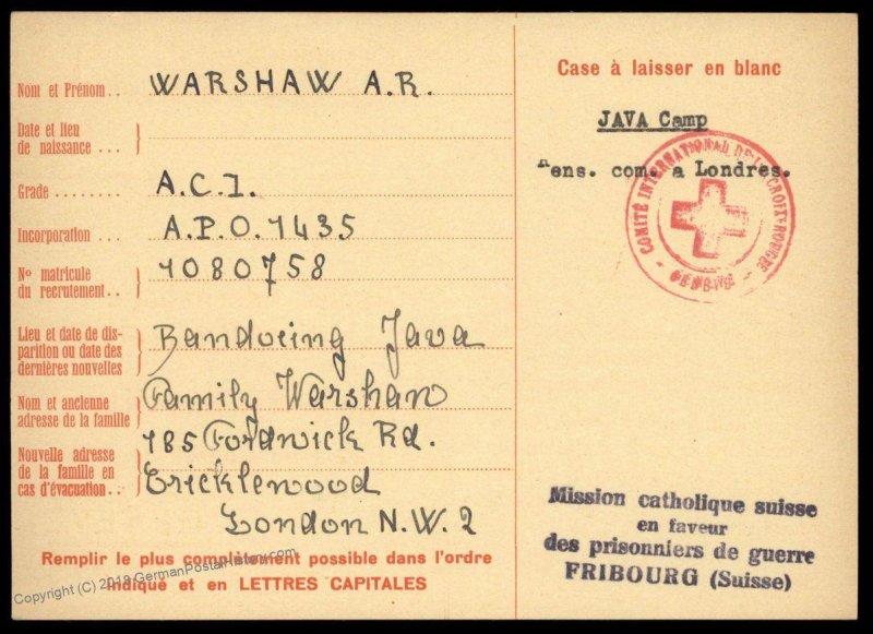 UK 1943 Japanese POW Bandeoing Java Camp Red Cross Cover Catholic Switzerl 89622