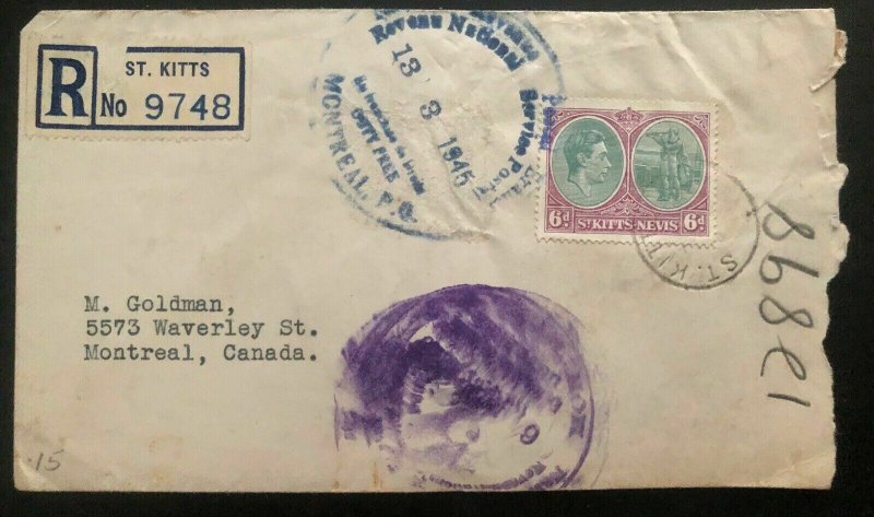 1945 St Kitts & Nevis Registered Cover To Montreal Canada